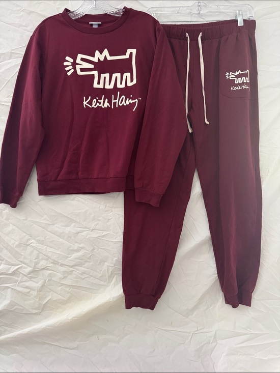keith haring Other - Keith Haring Iconic Dog Graphic Women's Maroon Sweatshirt & Joggers Set
